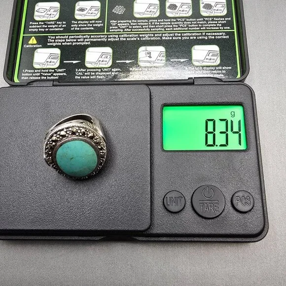 VTG 925 Sterling Silver Turquoise & Marcasite Ring Size 6.5 Signed Filigree - Picture 11 of 11